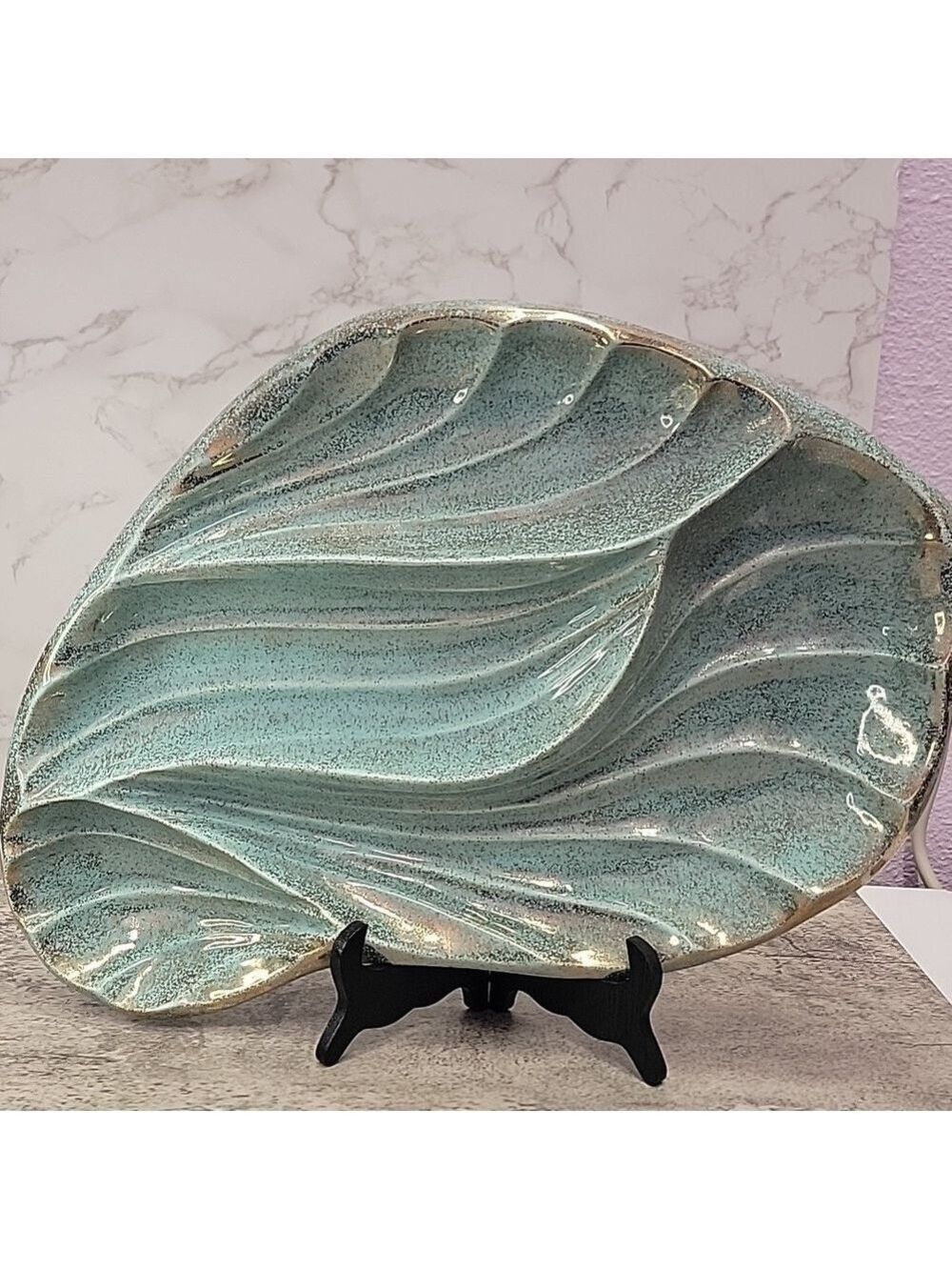 Mid Century Modern California Pottery Turquoise & Gold Leaf Divided Relish Tray - Picture 2 of 11